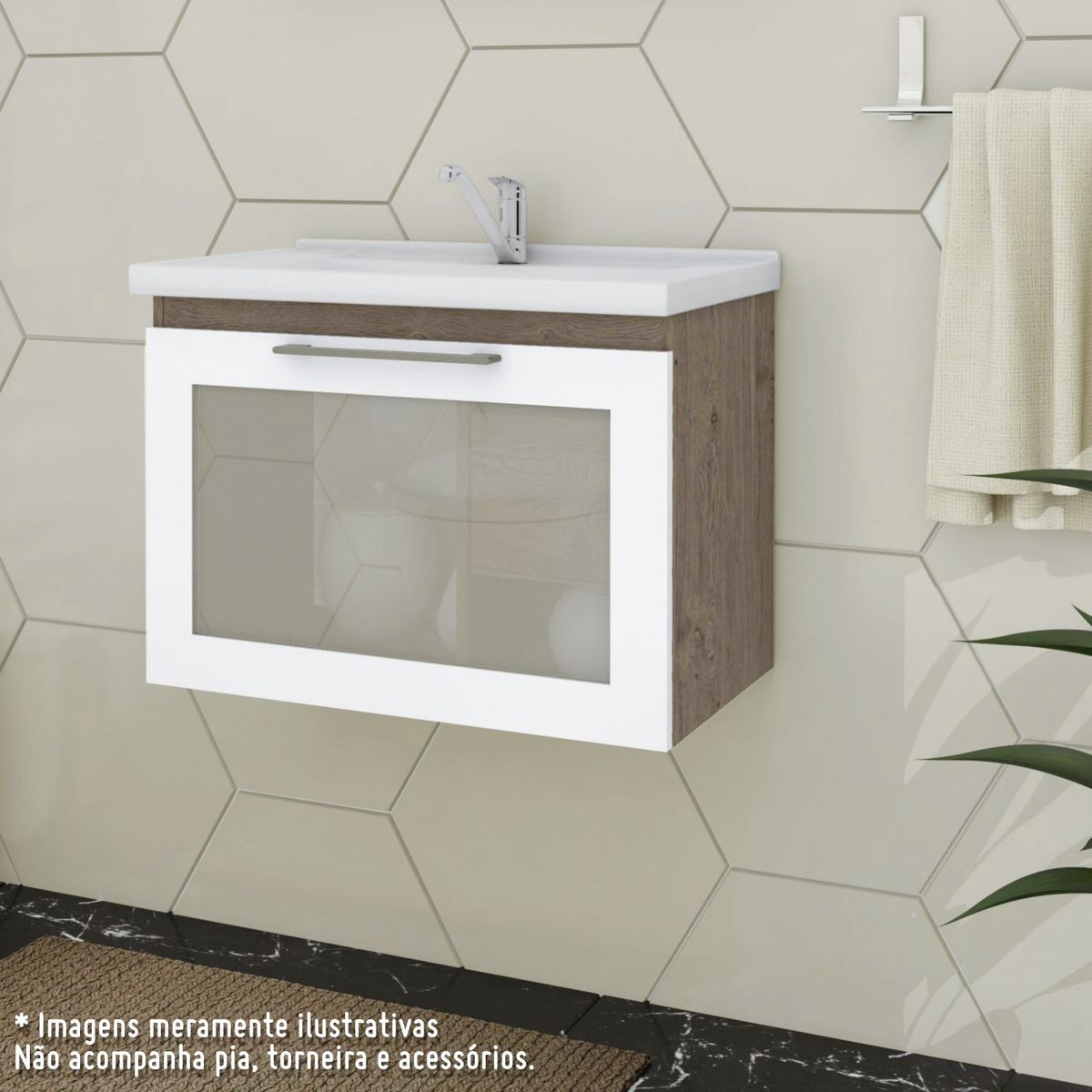 Armário para Banheiro com Porta de Vidro Reflecta Hibisco Amêndoa/Branco 59cm MGM, marca Mgm - Foto Principal