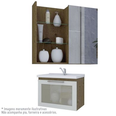 Kit para Banheiro Armario Hibisco 59cm com Porta de Vidro e Espelheira Jasmim 60cm Amendoa/Off White