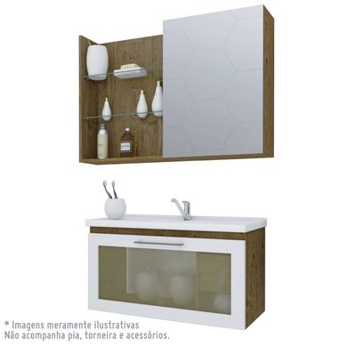 Kit para banheiro Armario Hibisco 79Cm com porta de vidro e Espelheira Jasmim 80Cm, Amendoa e Branco