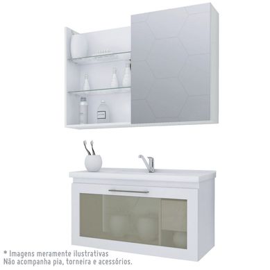 Conjunto para banheiro, Armario Hibisco 79Cm com porta de vidro e Espelheira Jasmim 80Cm, Branco