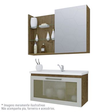 Kit para banheiro, Armario Hibisco 79Cm com Porta de Vidro Espelheira Jasmim 80cm Amendoa/Off White