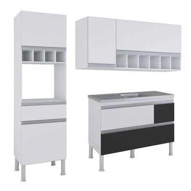 Cozinha Compacta Prisma 3 Peas, 156Cm, Branco e Preto