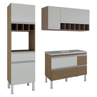 Cozinha Compacta Prisma 3 Peas, 156Cm, Amendoa e Off White