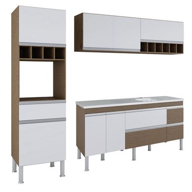 Cozinha Compacta Prisma 3 Peas, 216Cm, Amendoa e Branco