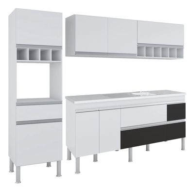 Cozinha Compacta Prisma 3 Peas, 216Cm, Branco e Preto
