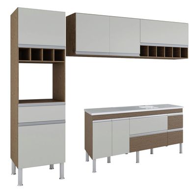 Cozinha Compacta Prisma 3 Peas, 216Cm, Amendoa e Off White