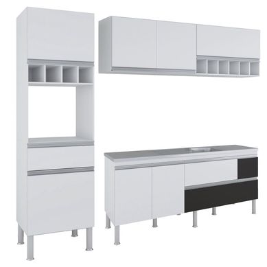 Cozinha Compacta Prisma 3 Peas, 236Cm, Branco e Preto