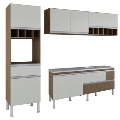 Cozinha Compacta Prisma 3 Peas, 236Cm, Amendoa e Off White