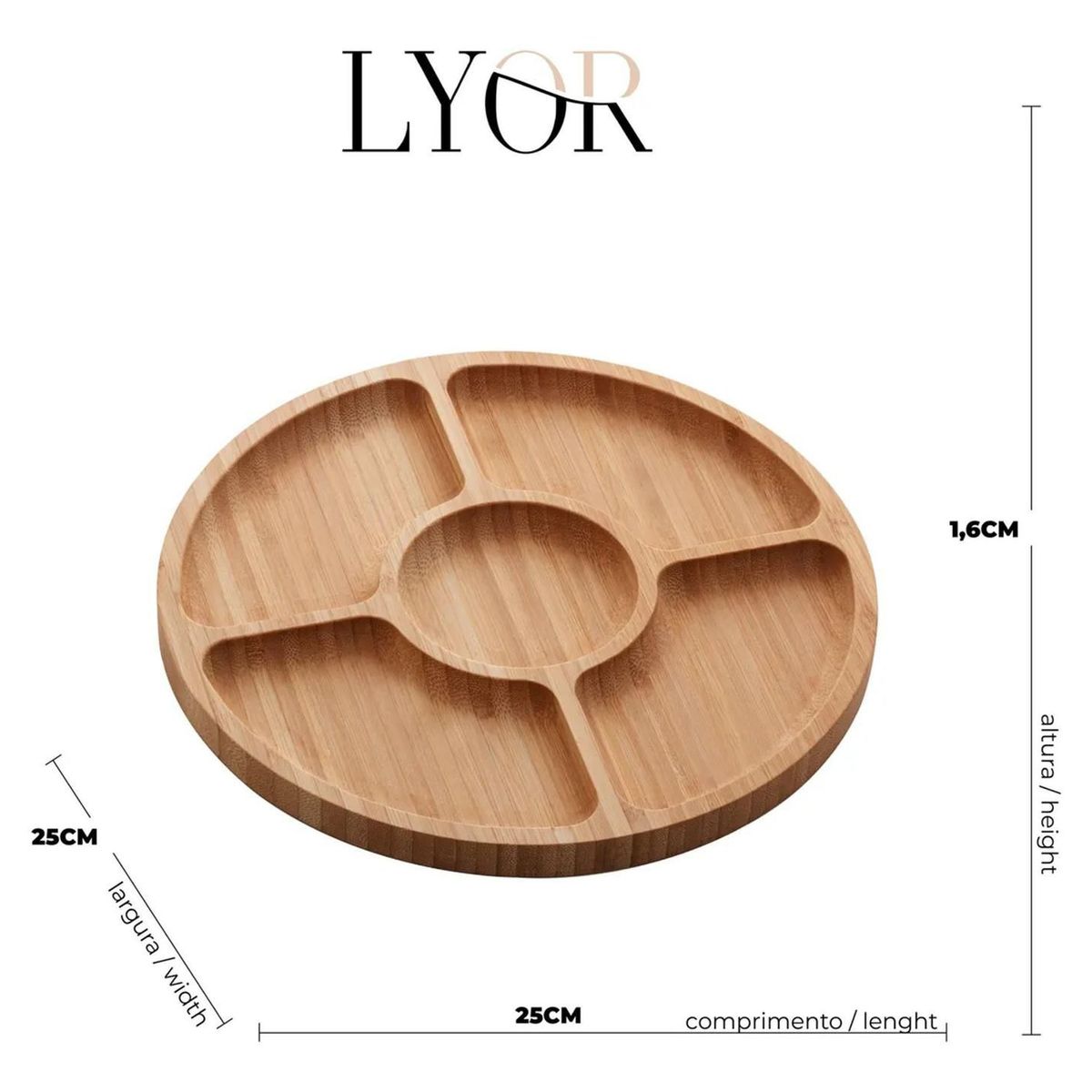 Petisqueira com 5 Divisórias Bambu 25x25x1,6cm Lyor, marca Lyor - Foto 2