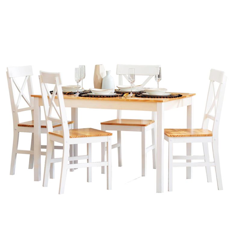 Conjunto de Jantar Madeira Natural Branca, Mesa com 4 Cadeiras