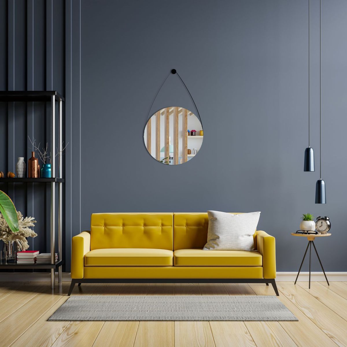 Espelho Decorativo Adnet Wood Preto Alça Corino Preto 38cm Ideal, marca Ideal - Foto 2