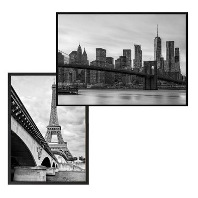 Kit 1 Quadro Decorativo Cidades II Preto Arte Prpria + 1 Quadro com Vidro Cidades Ponte 7 Artimage