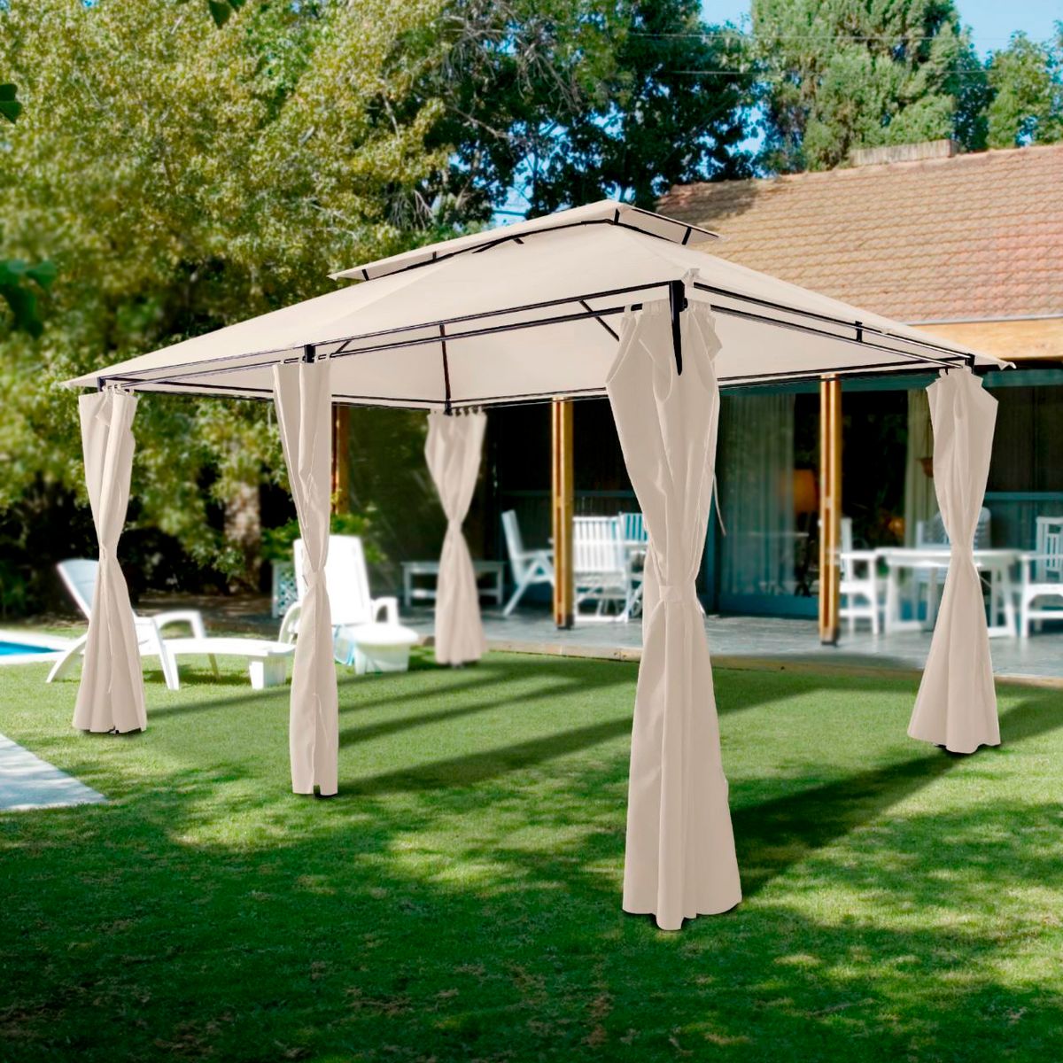 Gazebo Romano 400x300x96cm com Cortinas Bege Just Home Collection, marca Just Home Collection - Foto Principal