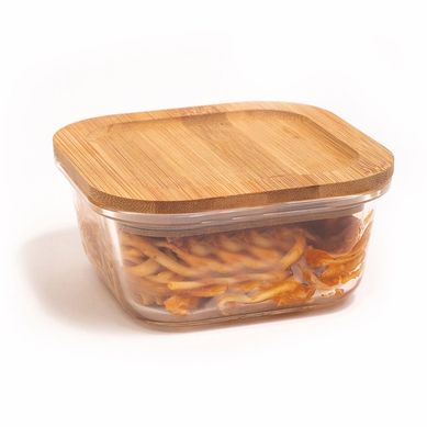 Pote de Vidro com Tampa de Bambu Quadrado Raso 520ml Oikos