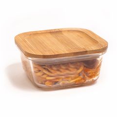 Pote de Vidro com Tampa de Bambu Quadrado Raso 520ml Oikos