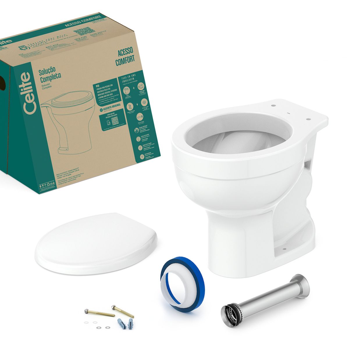Kit Bacia Convencional Acesso  Confort  sem Abertura, Assento Pp Sc e Complementos de Instalação  Branco Celite, marca Celite - Foto 2