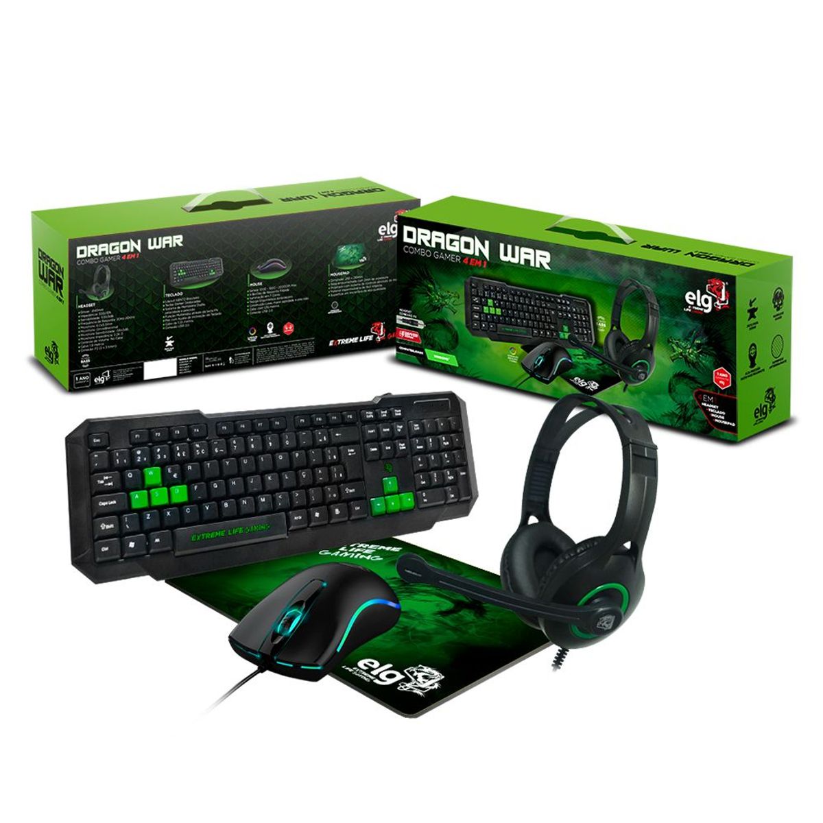 Combo Gamer 4 Em 1 Dragon Headset Stereo, marca Elg - Foto Principal