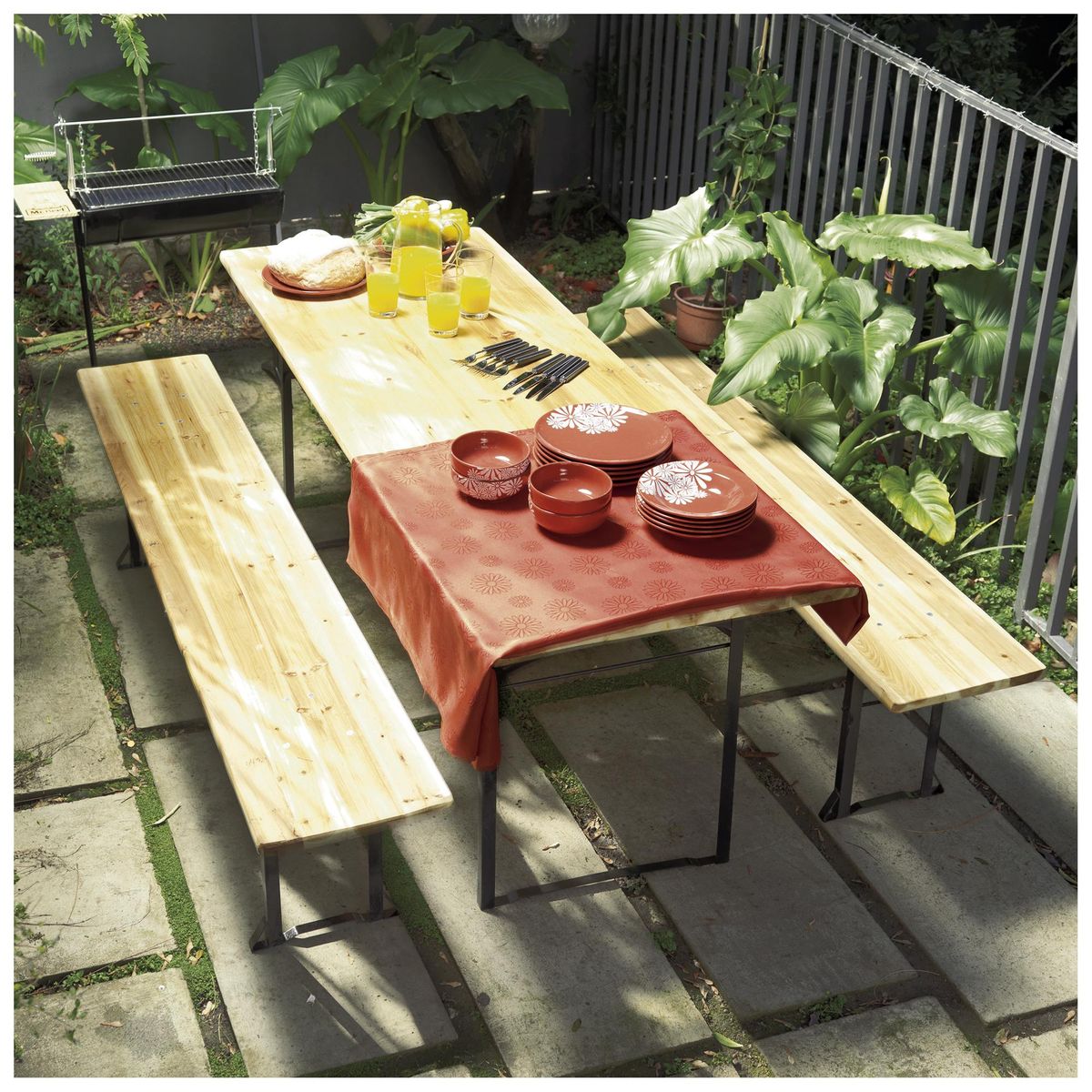 KLIMBER - Mesa Plegable con Bancos Rectangular 200 cm Madera
