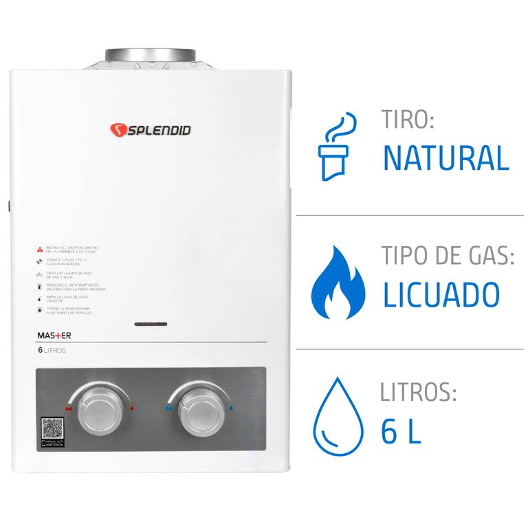 Calefont 6 Litros Gas Licuado Tiro Natural Ionizado