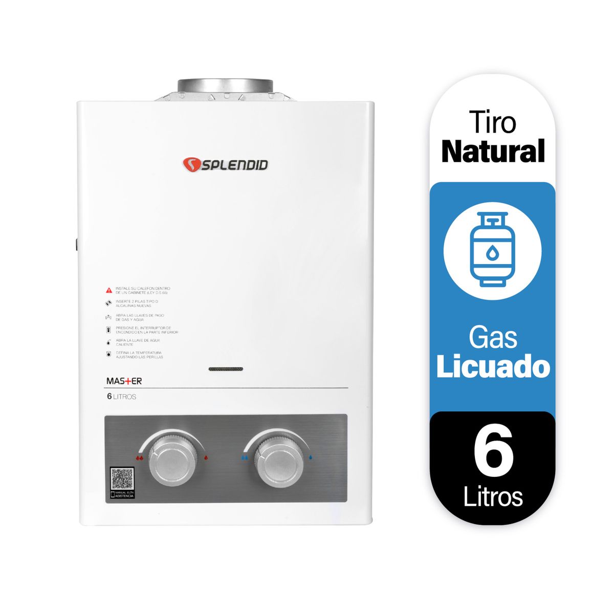 SPLENDID - Calefont Gas Licuado 6 Litros Tiro Natural Ionizado
