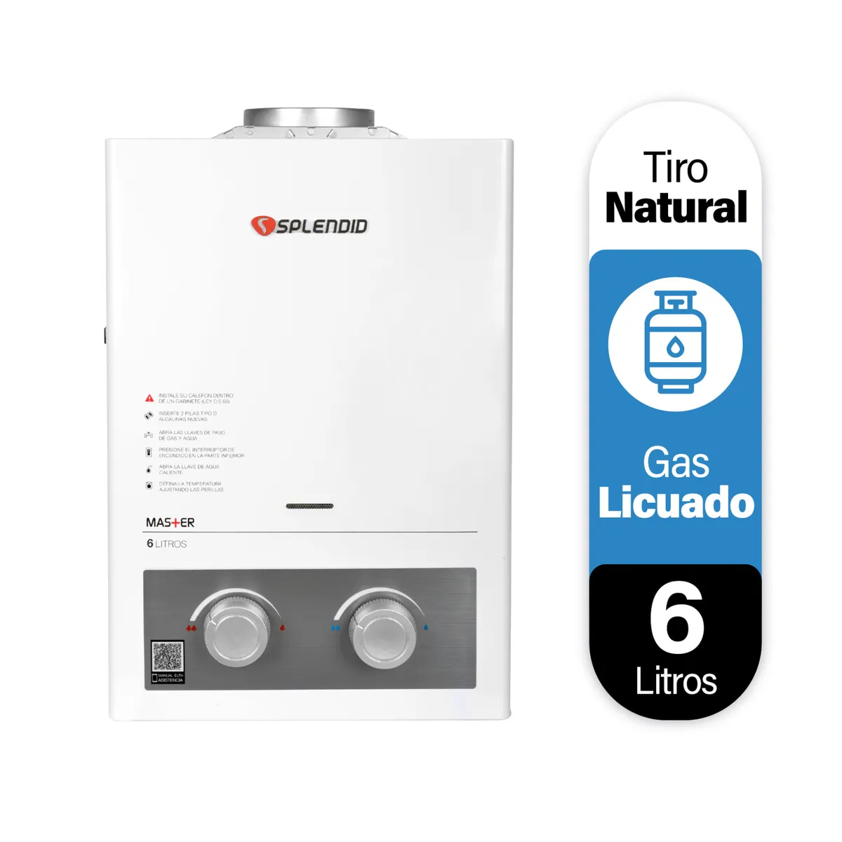 SPLENDID - Calefont Gas Licuado 6 Litros Tiro Natural Ionizado
