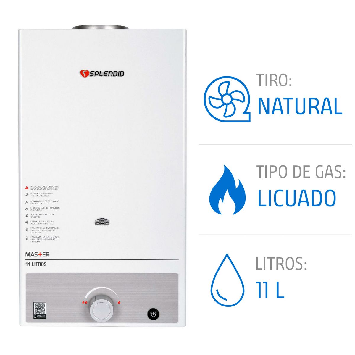 SPLENDID - Calefont Gas Licuado 11 Litros Tiro Natural Ionizado
