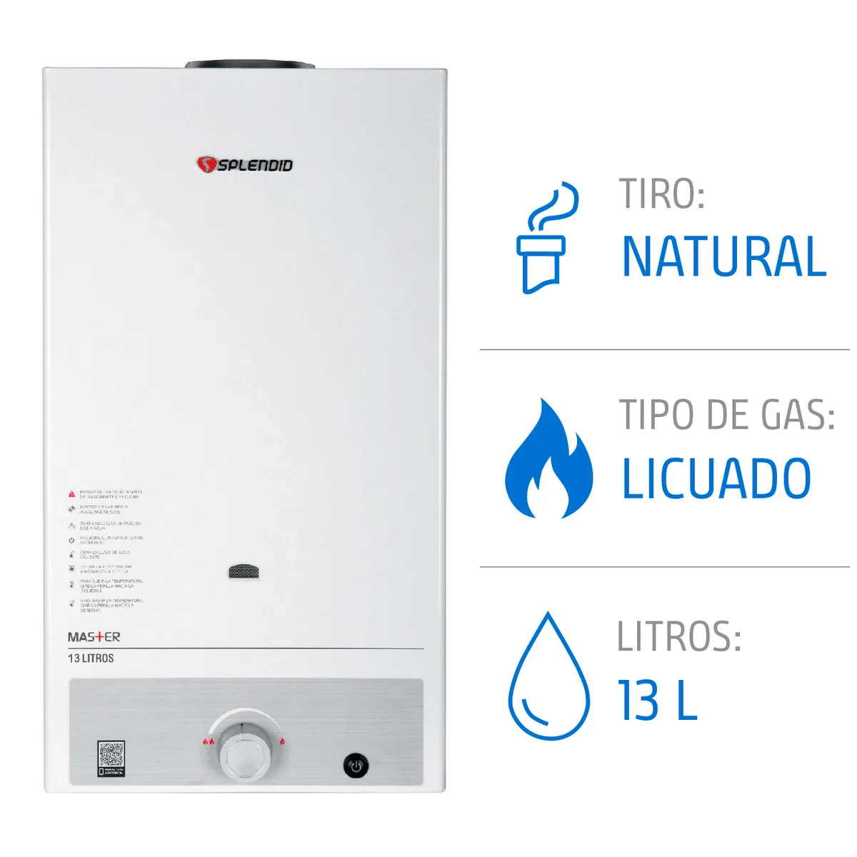SPLENDID - Calefont Gas Licuado 13 Litros Tiro Natural Ionizado