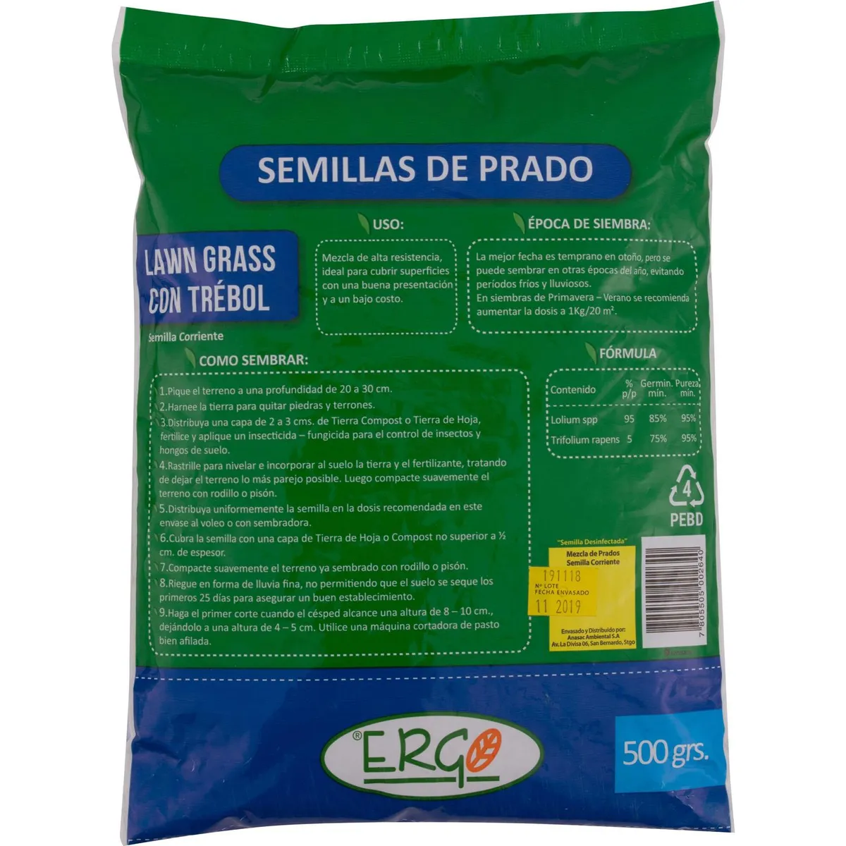 ERGO - Semilla de Pasto Lawn Grass con Trébol 0.5 kg Bolsa