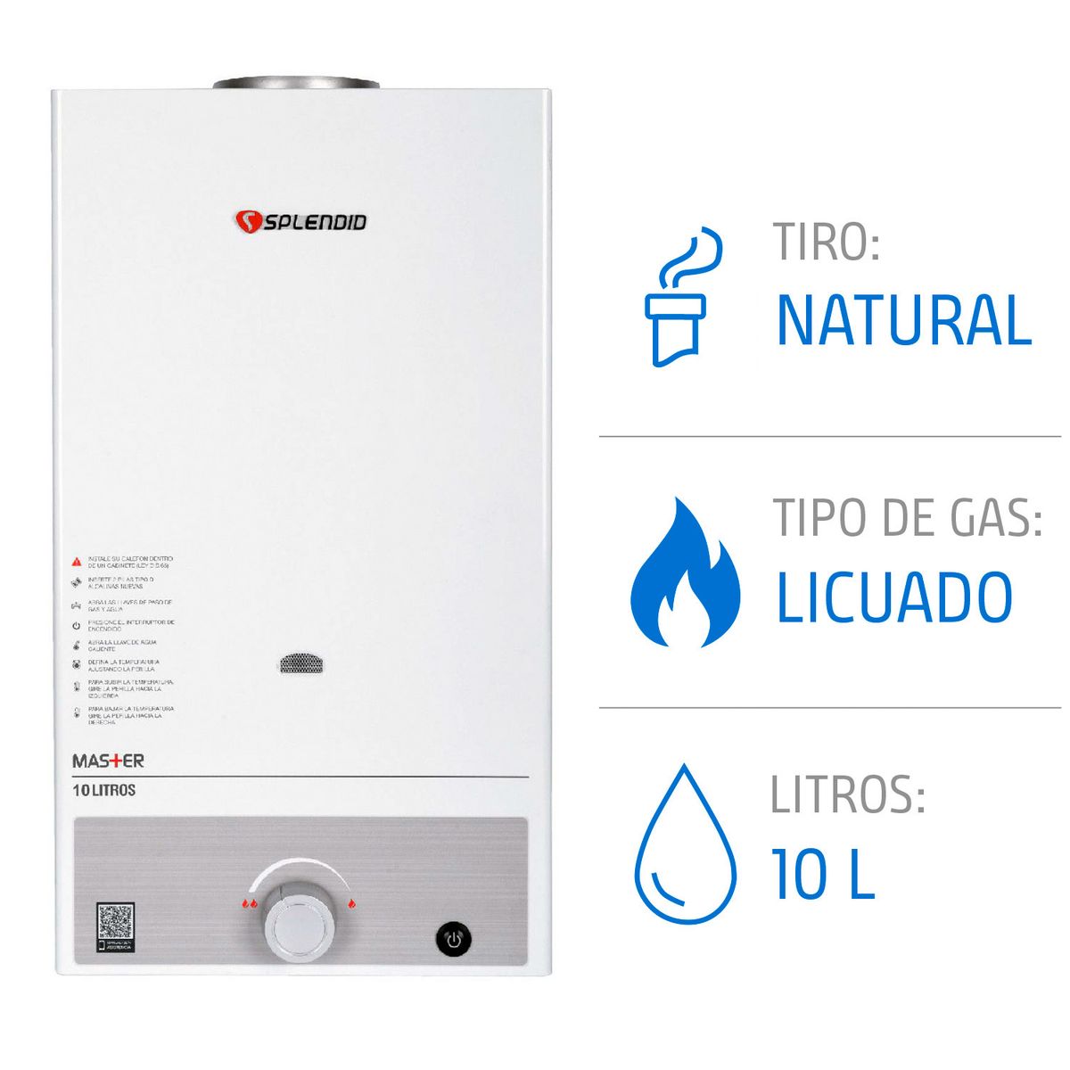 SPLENDID - Calefont Gas Licuado 10 Litros Tiro Natural Ionizado