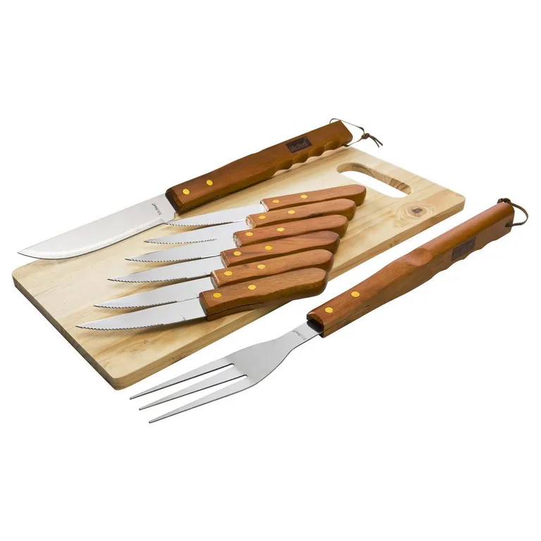 Kit Asado 8 Piezas Con Tabla Para Parrilla