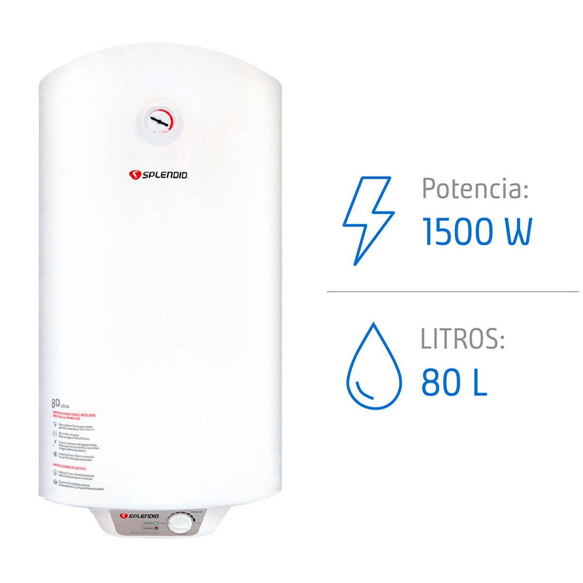 SPLENDID - Termo Eléctrico 80 Litros 1500 W de Muro