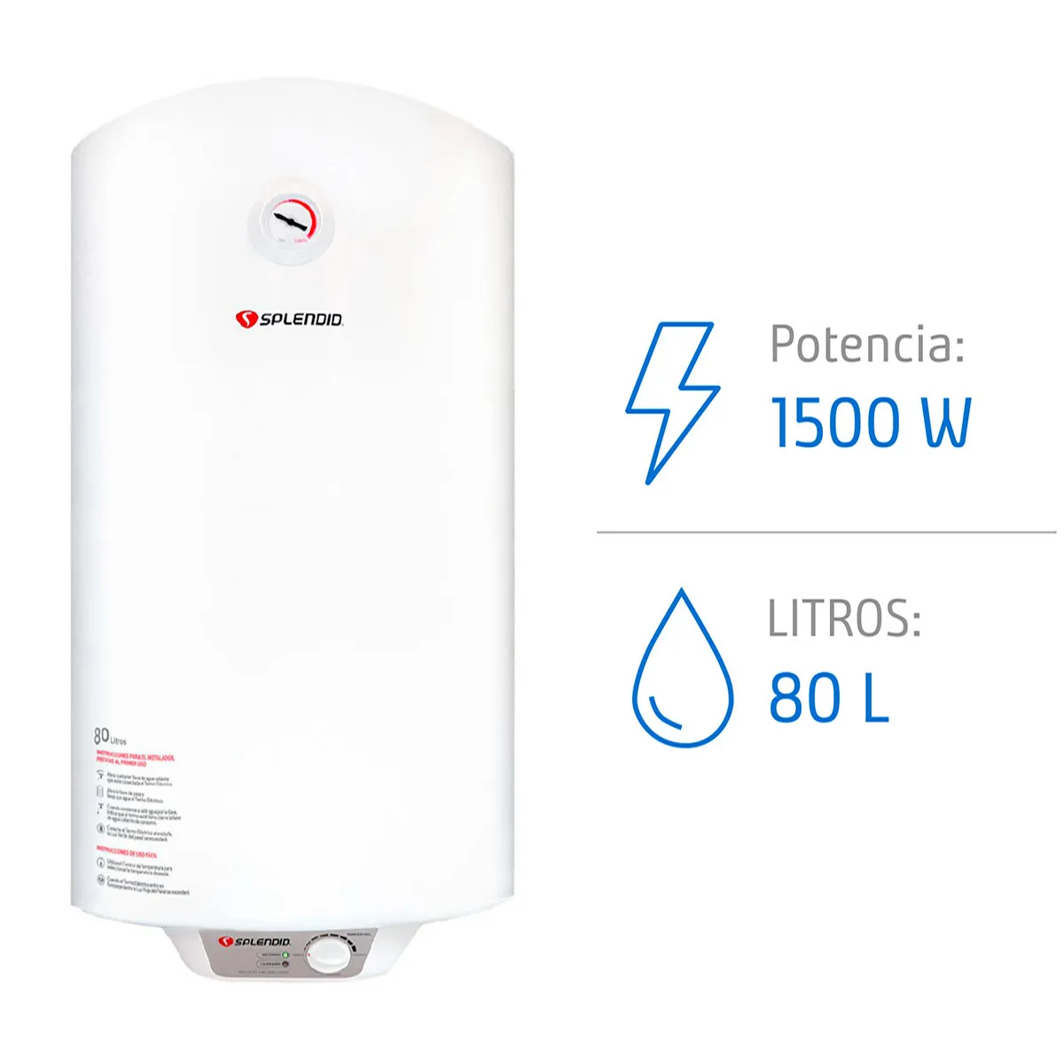 SPLENDID - Termo Eléctrico 80 Litros 1500 W de Muro