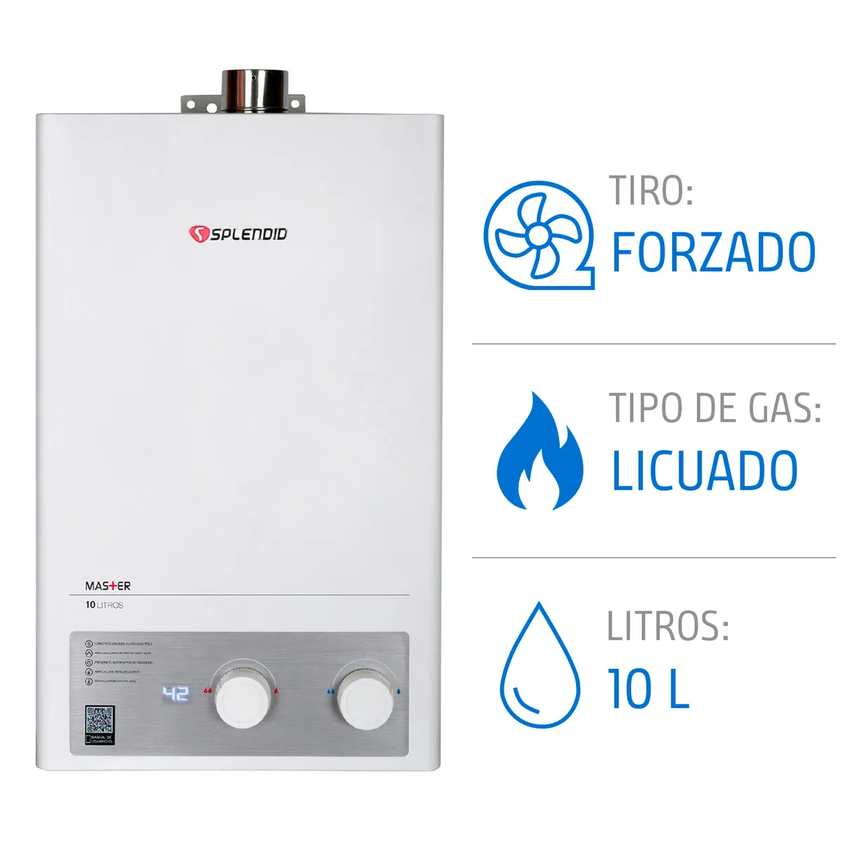 SPLENDID - Calefont Gas Licuado 10 Litros Tiro Forzado Ionizado