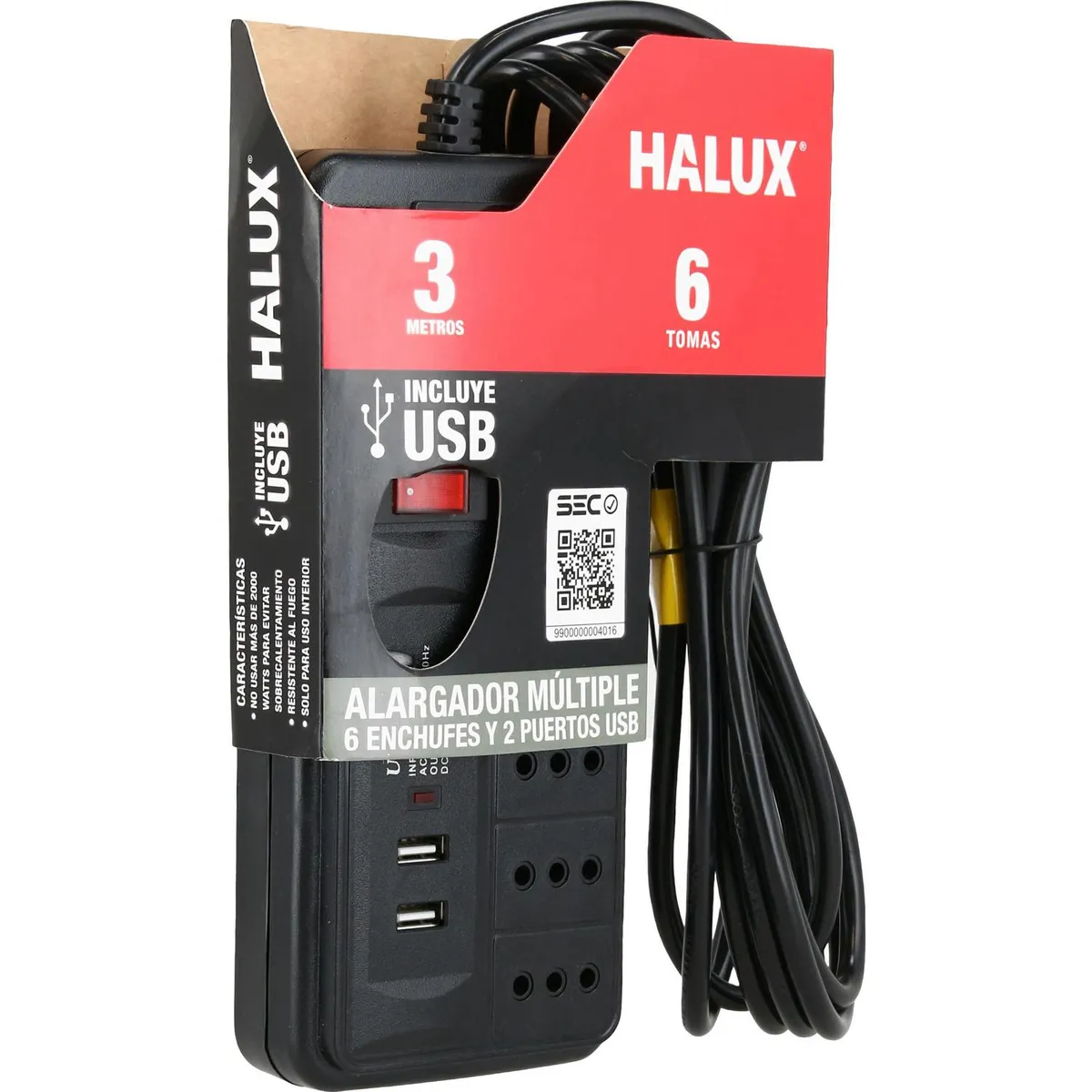 HALUX - Alargador Interruptor On Off 2 USB 6 Toma(s) 3 m Negro