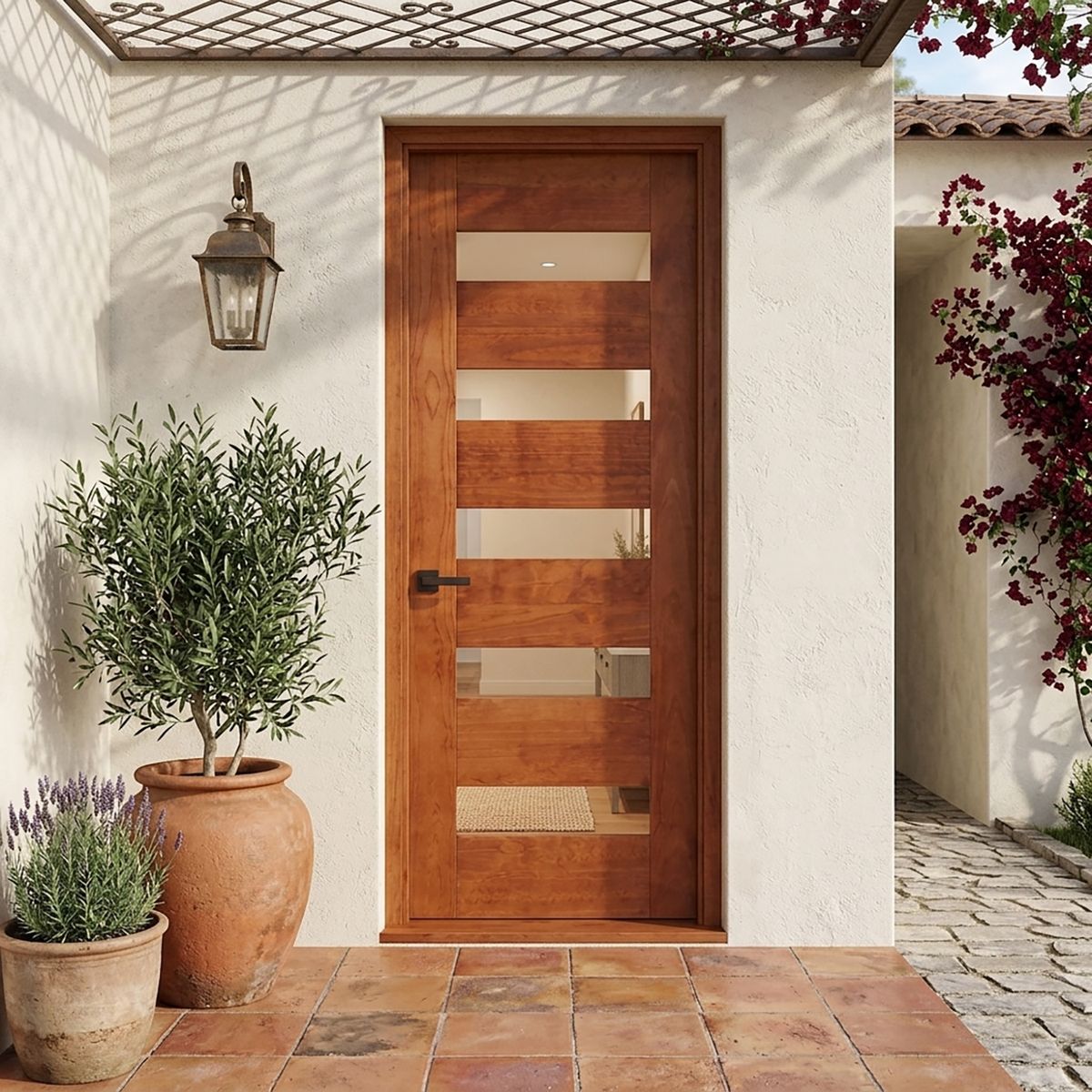 HOLZTEK - Puerta Pino 5 vidrios color Cerezo incluye vidrios