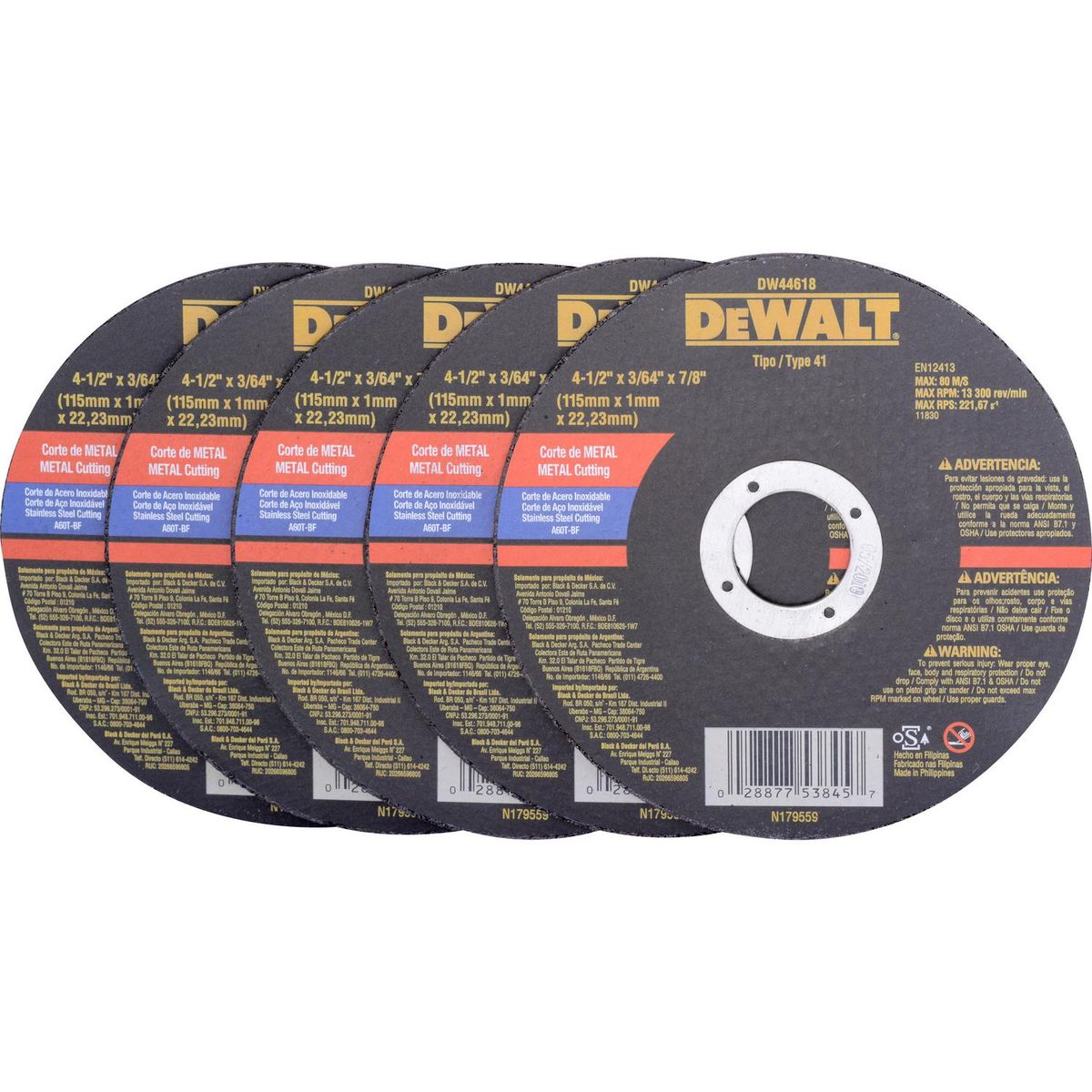 DEWALT - Set de discos de corte 4,5" óxido de aluminio 5 unidades