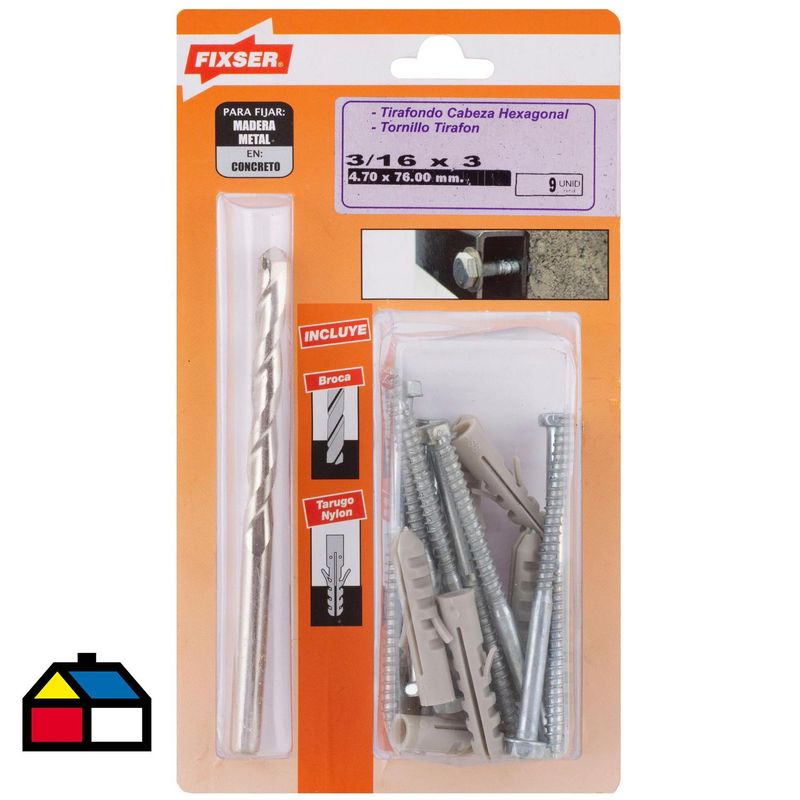 FIXSER - Tornillo Tirafondo Cabeza Phillips Metal 3 " 3/16 " 9 Unidades