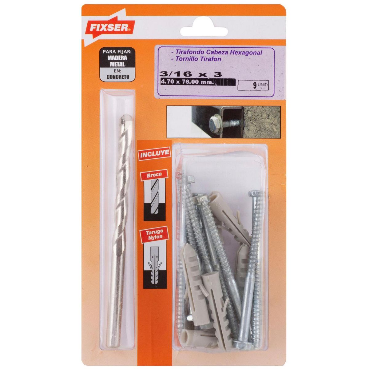 FIXSER - Tornillo Tirafondo Cabeza Phillips Metal 3 " 3/16 " 9 unidad(es)