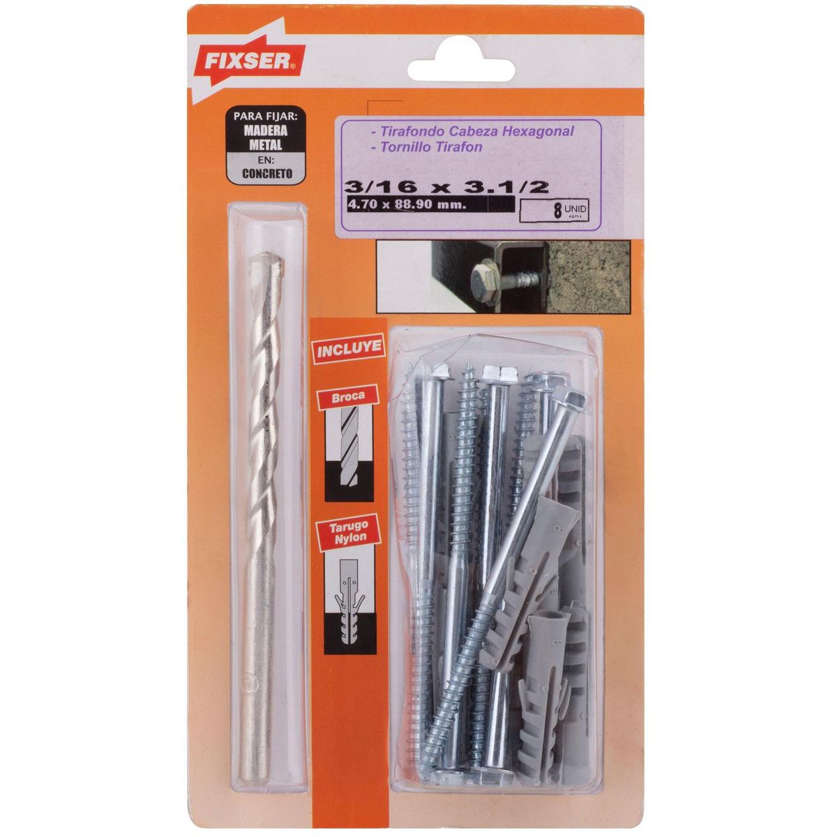 FIXSER - Tornillo Tirafondo Metal 3-1/2 " 3/16 " 8 unidad(es)