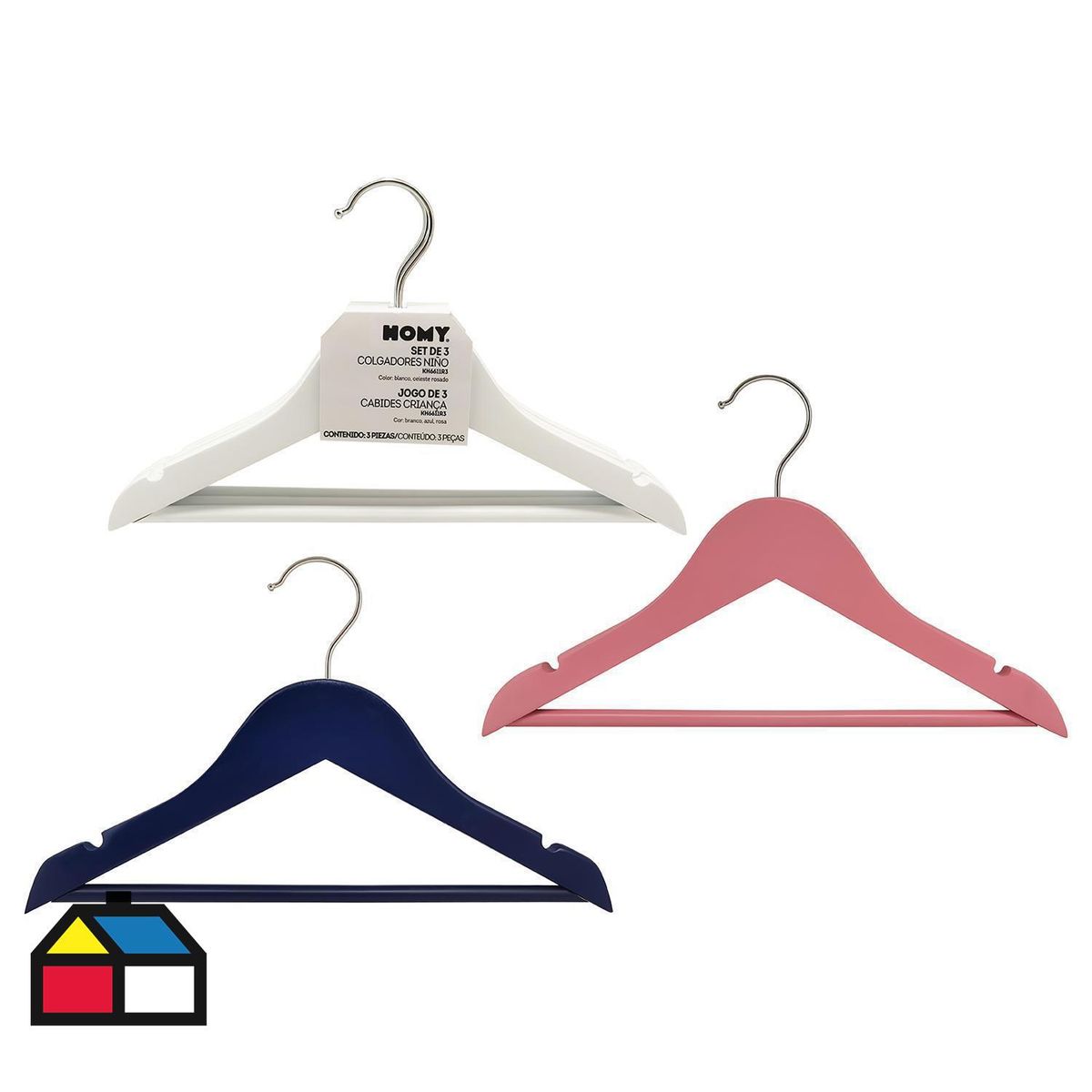 HOMY - Set de colgadores para ropa infantil madera 3unidades colores surtidos