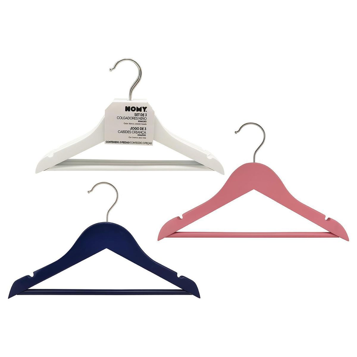 HOMY - Set de colgadores para ropa infantil madera 3unidades colores surtidos