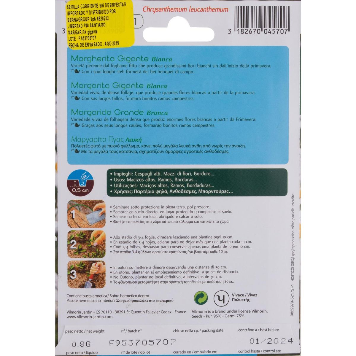 VILMORIN - Semilla Flor Margarita Blanca 0.8 gr Sachet