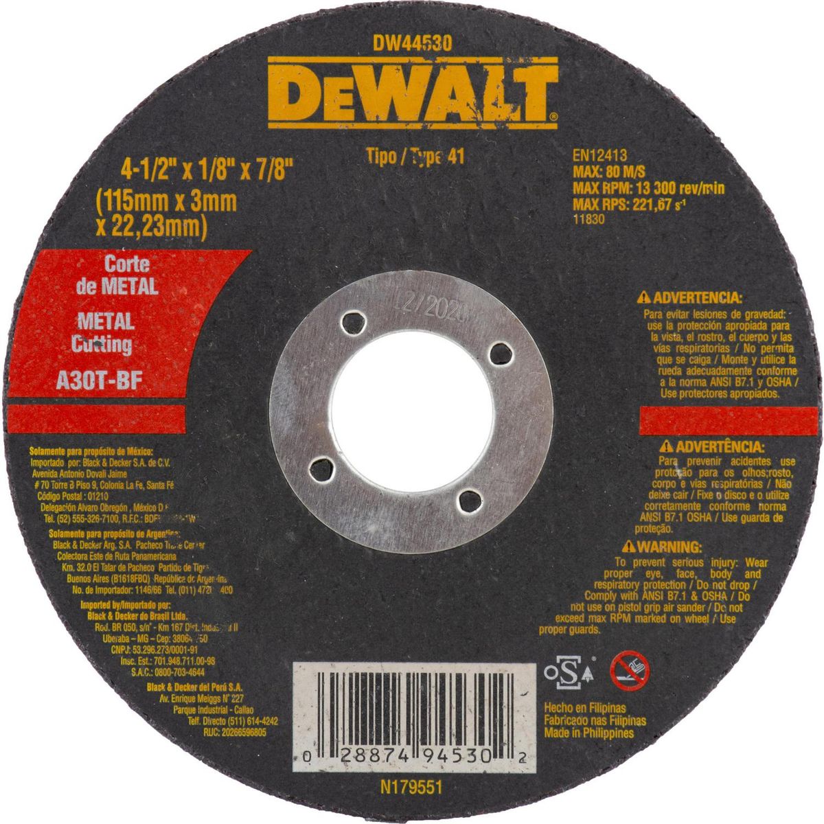 DEWALT - Disco de corte para metal 4,5" óxido de aluminio
