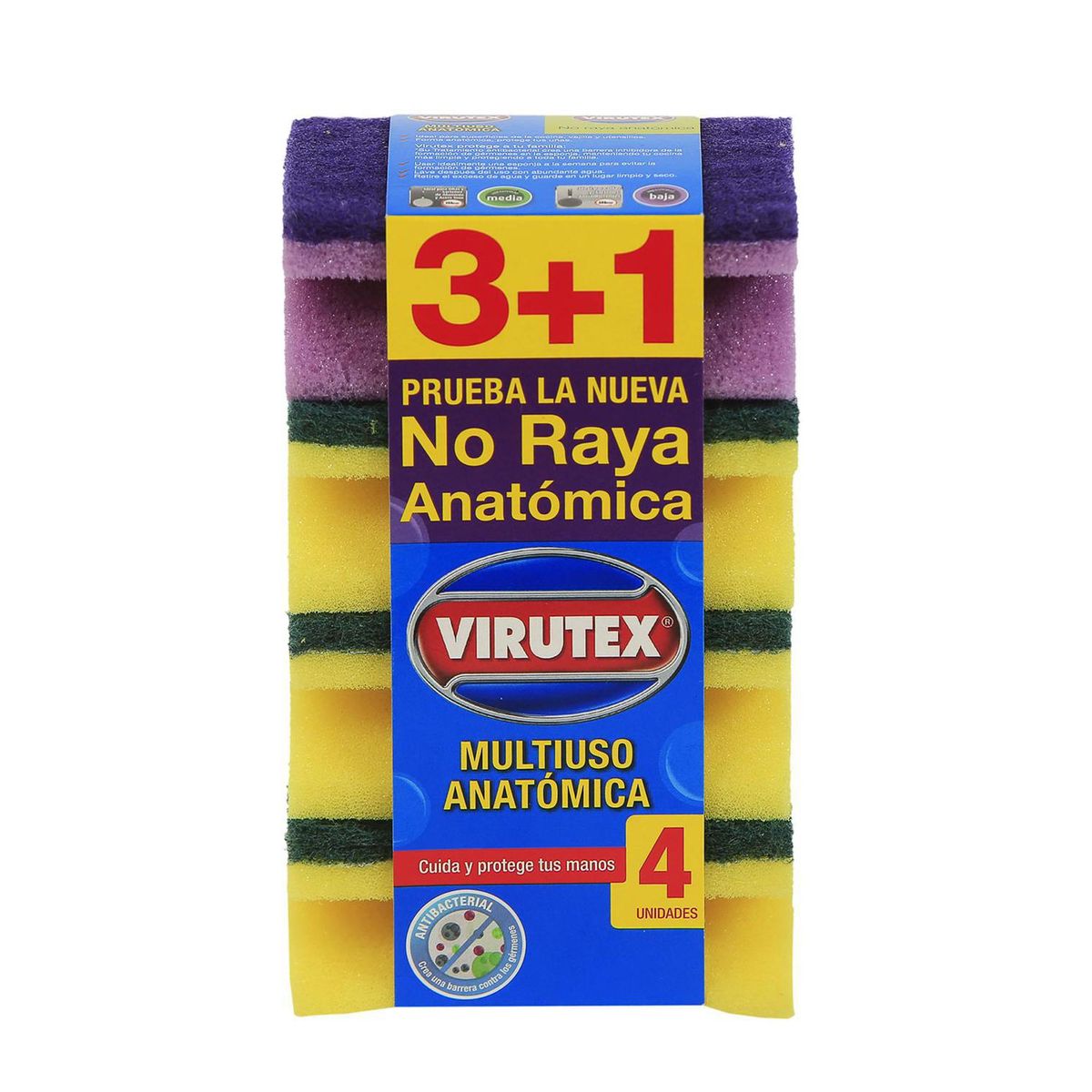 VIRUTEX - Pack de 4 Esponjas Multiuso Virutex Antibacterial Acanalada Cocina