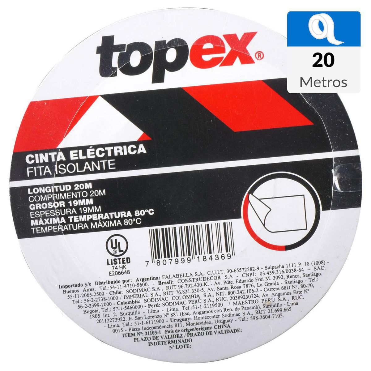 TOPEX - Cinta aisladora eléctrica 19 mm 20 m