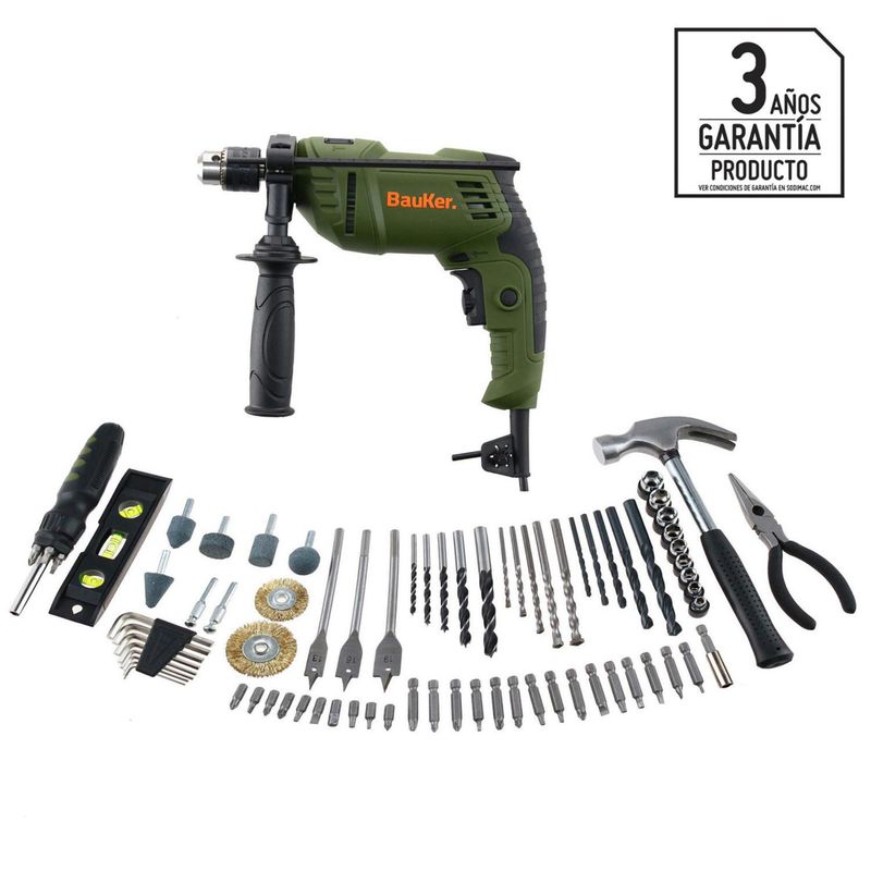 BAUKER - Kit Taladro Percutor 10 mm 600 W con 75 Accesorios