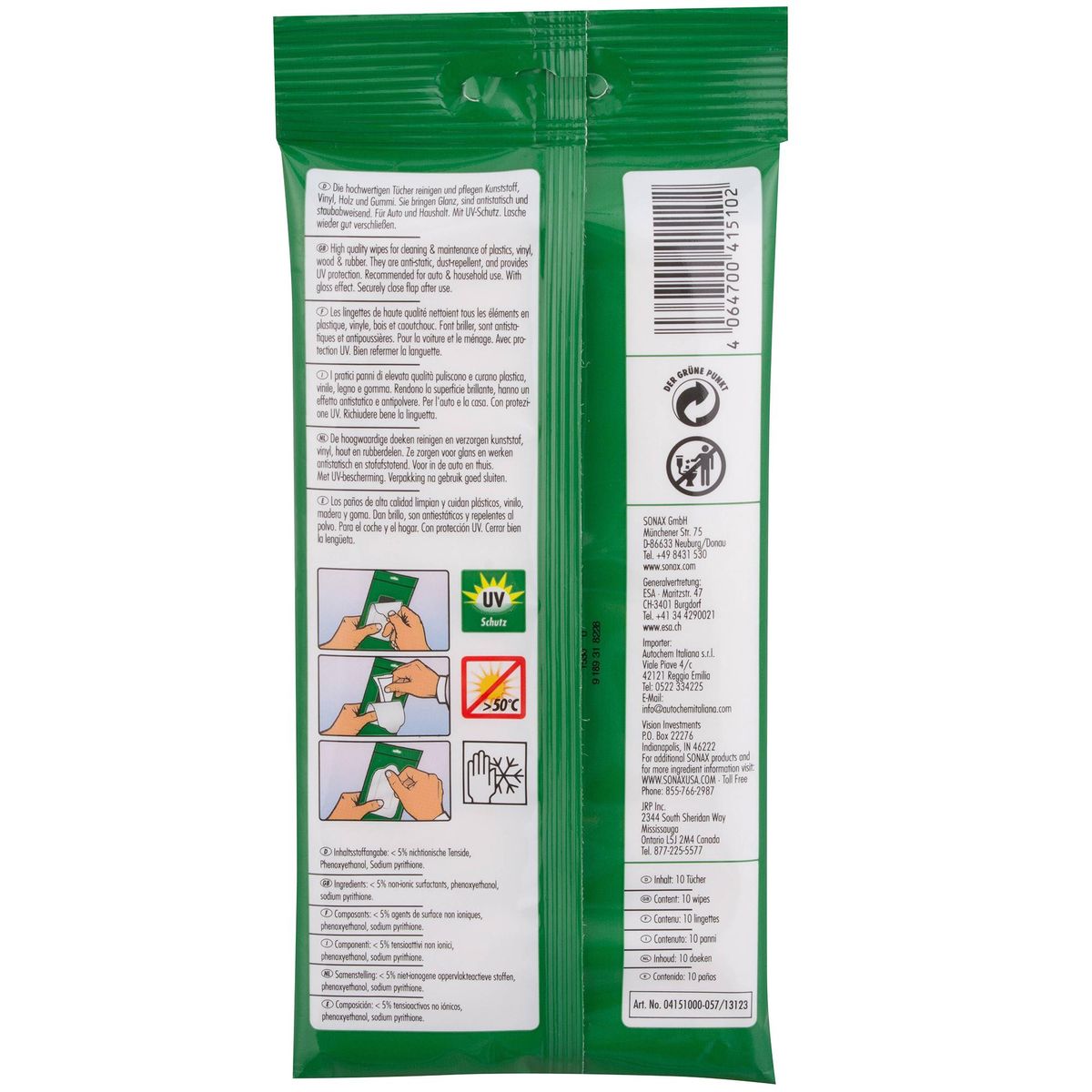 SONAX - Set Toallas Húmedas Sonax Limpieza Interior Auto 10 Unidades