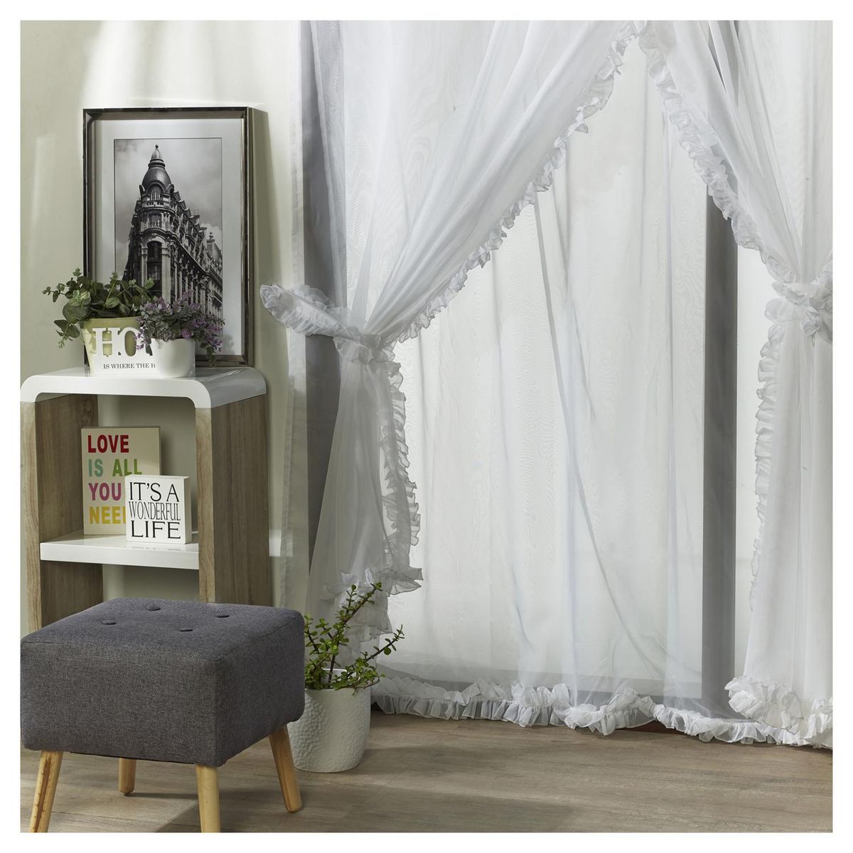 JUST HOME COLLECTION - Set Cortina Velo Romántico 200x220 cm Blanco 3 Paños Pasador