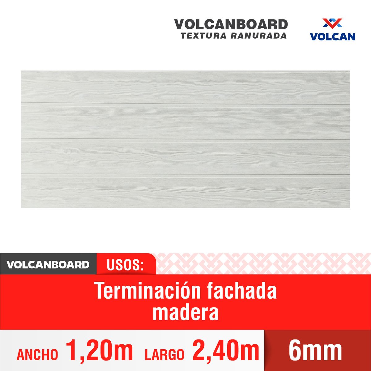 VOLCANBOARD - Placa Fibrocemento Textura Madera 6 mm 120x240 cm Blanco