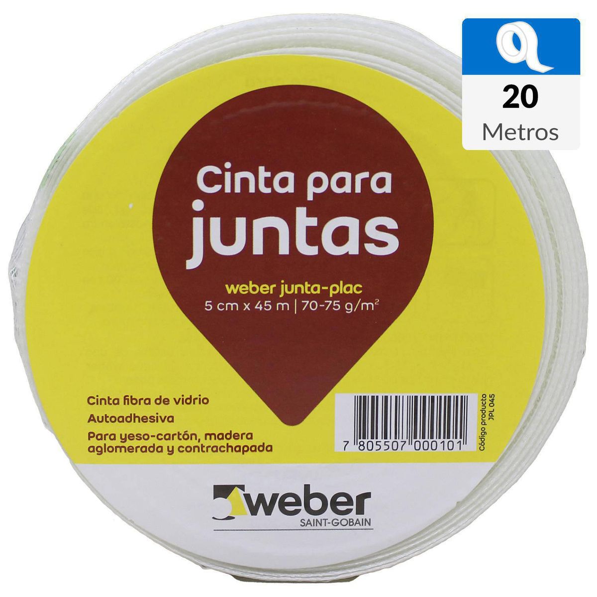 WEBER - 5cm x 20m Cinta de fibra de vidrio autoadhesiva para juntas